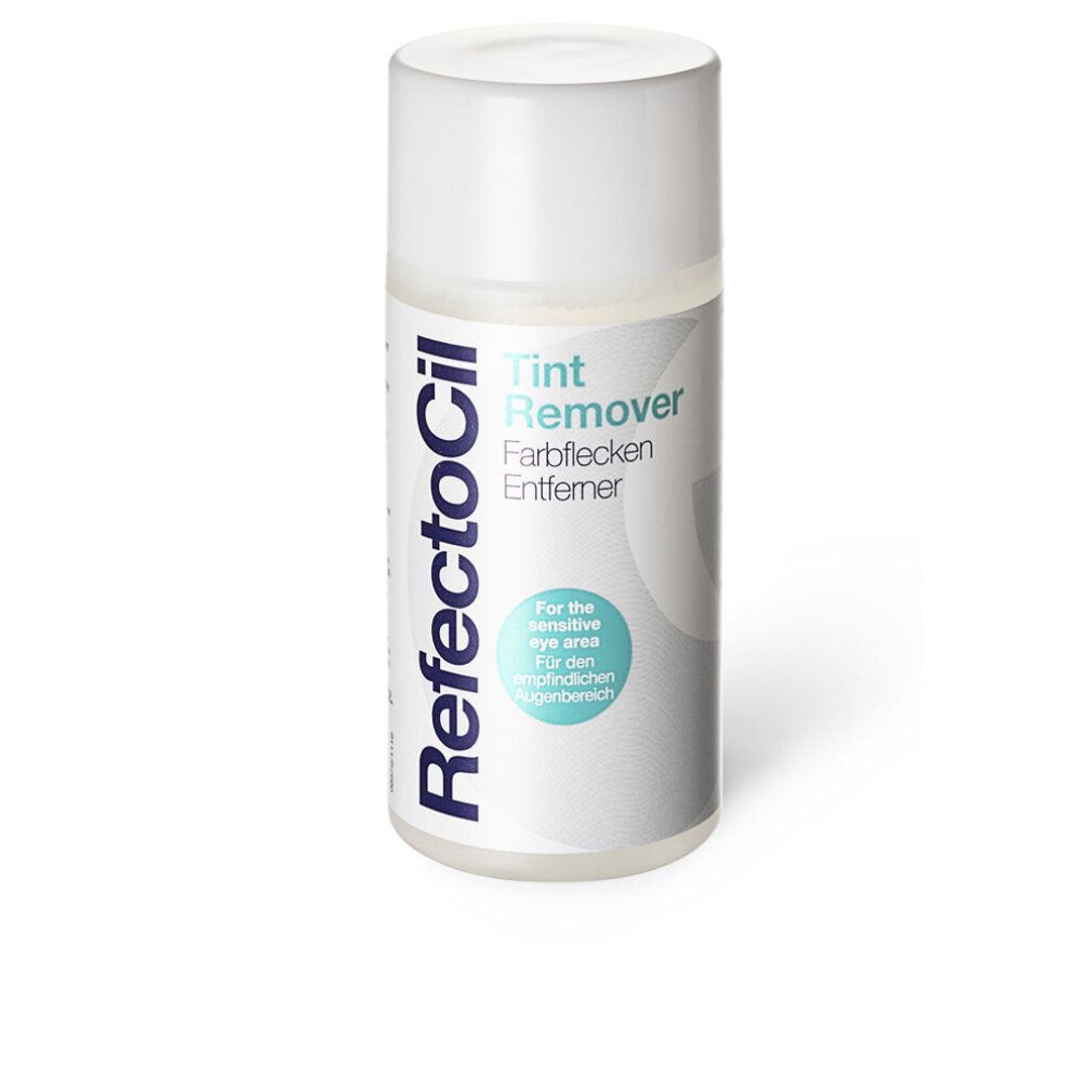 Flacon blanc avec logo "RefectoCil" et texte "Tint Remover". Cercles bleus avec texte pour zone sensible des yeux.
