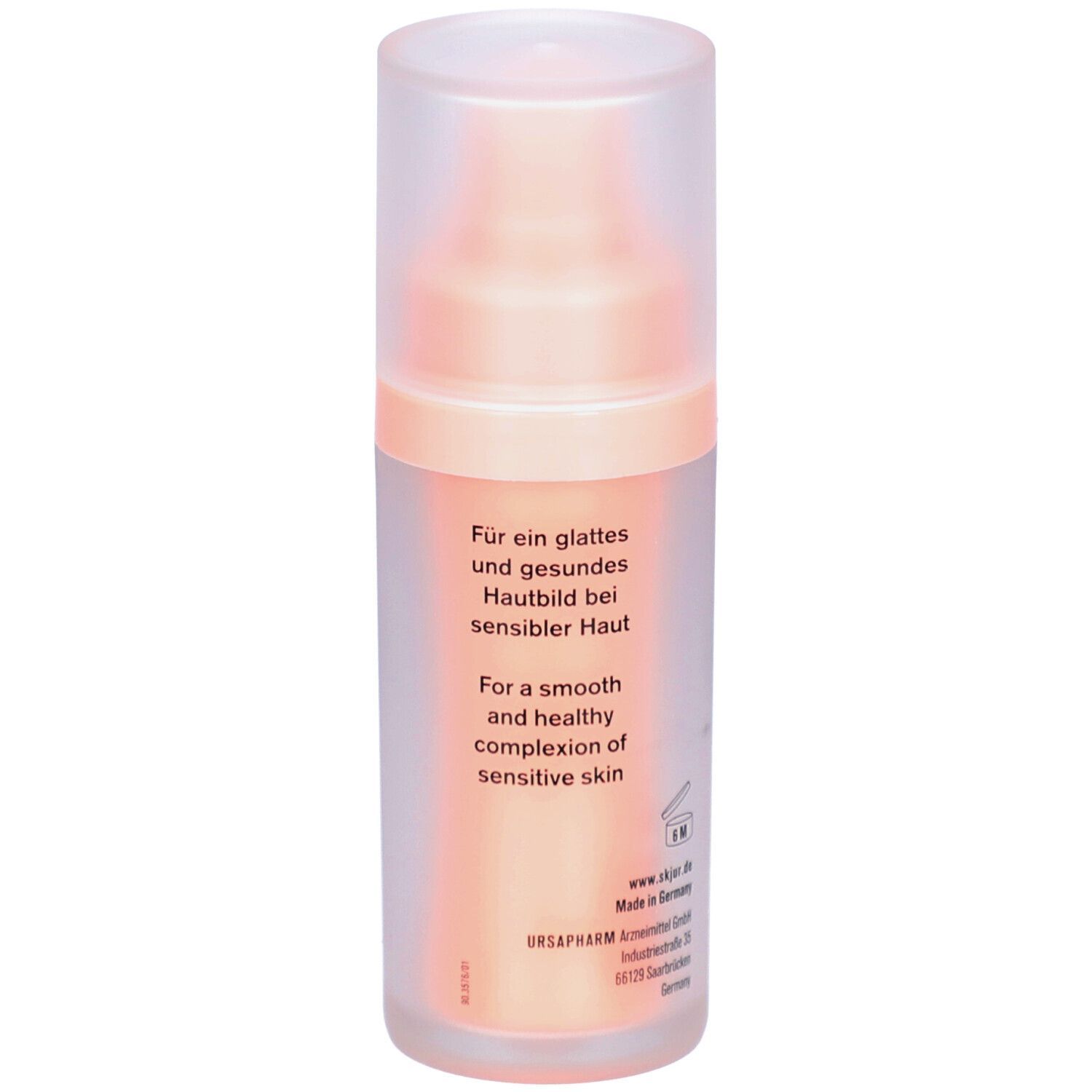 Distributeur de crème avec bouchon transparent. Inscription : skjur. Dos avec texte : Pour un teint lisse et sain pour les peaux sensibles.