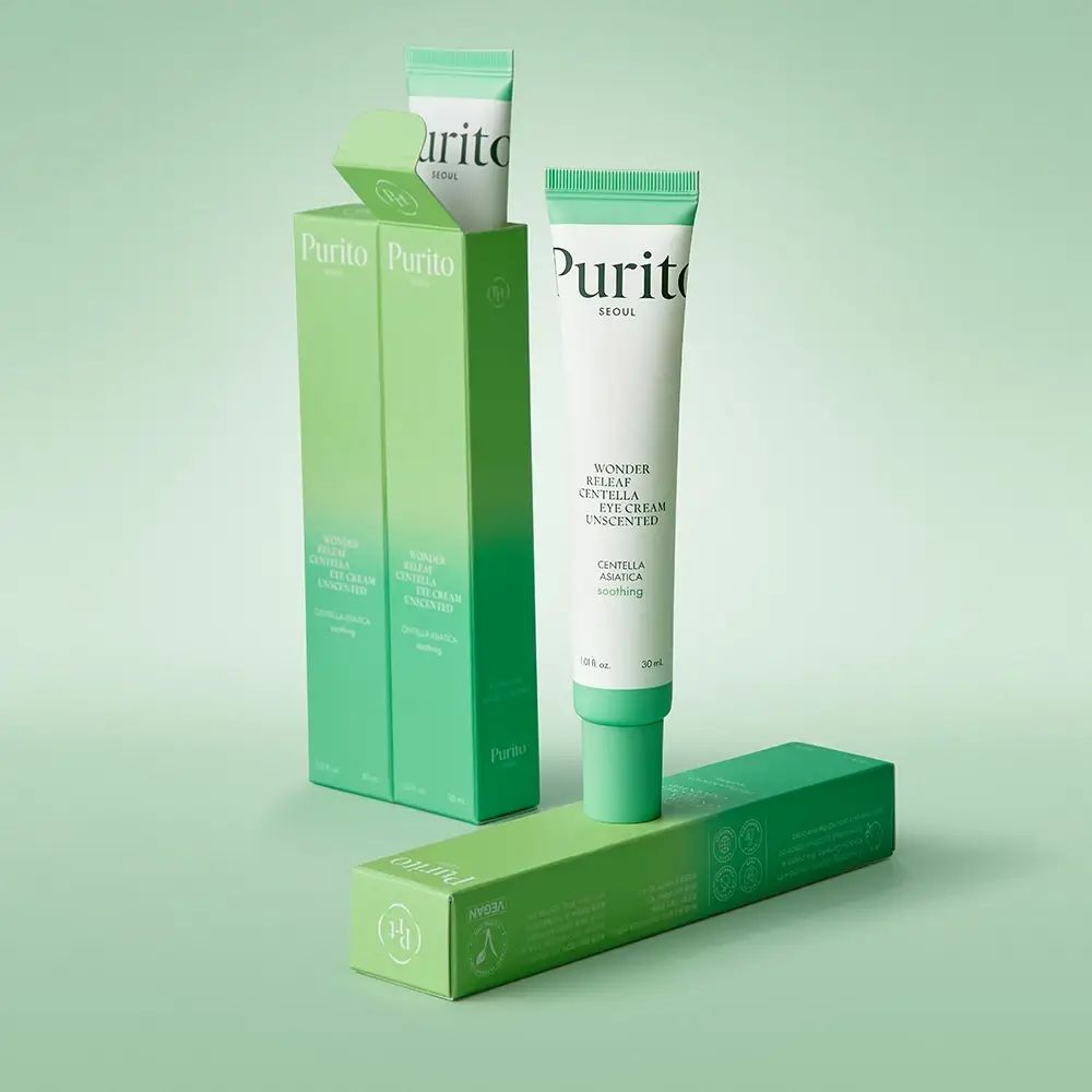Emballage produit avec tubes et boîtes. 'Purito' est écrit sur les tubes. Couleurs vert et blanc. Nom du produit visible.