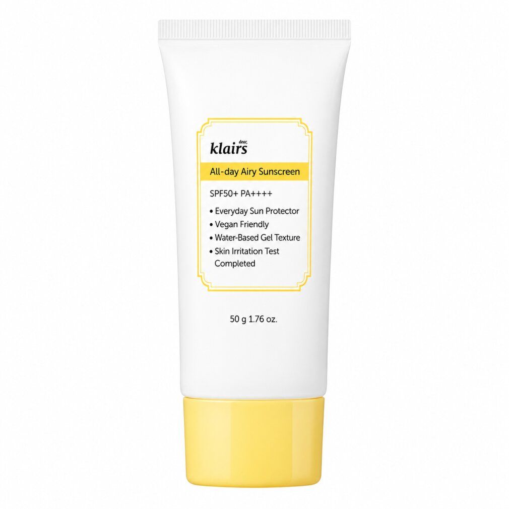 Tube blanc à bouchon jaune, Klairs All-day Airy Sunscreen, SPF50+ PA++++, 50g.