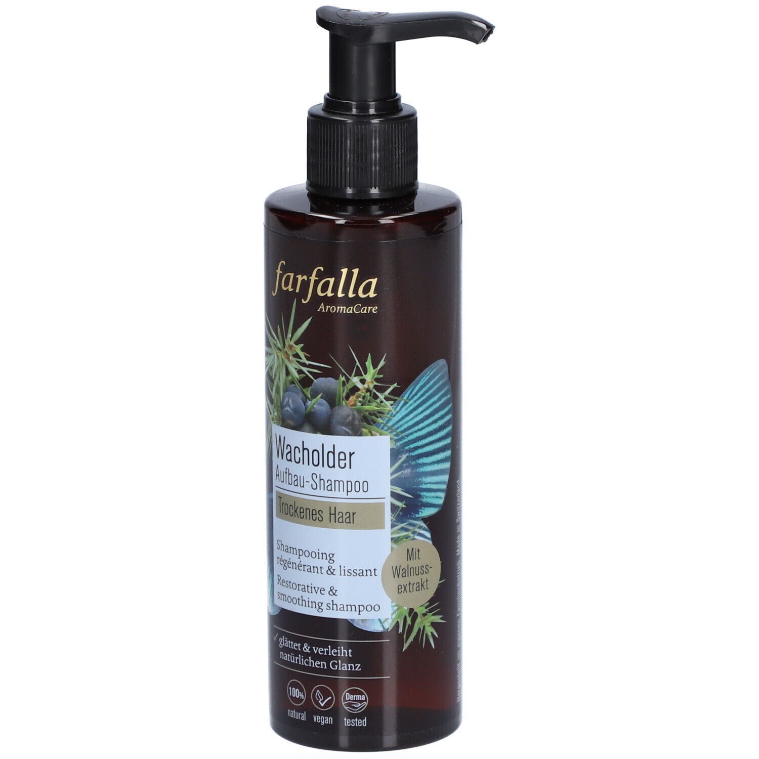 Flacon brun avec pompe noire. Inscription: Farfalla Wacholder Aufbau-Shampoo pour cheveux secs. Avec illustration de plantes.