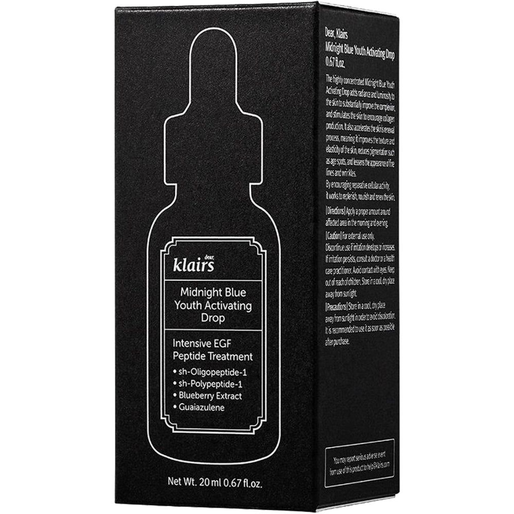 Emballage produit noir avec contour blanc du flacon et texte. Nom du produit et détails visibles.