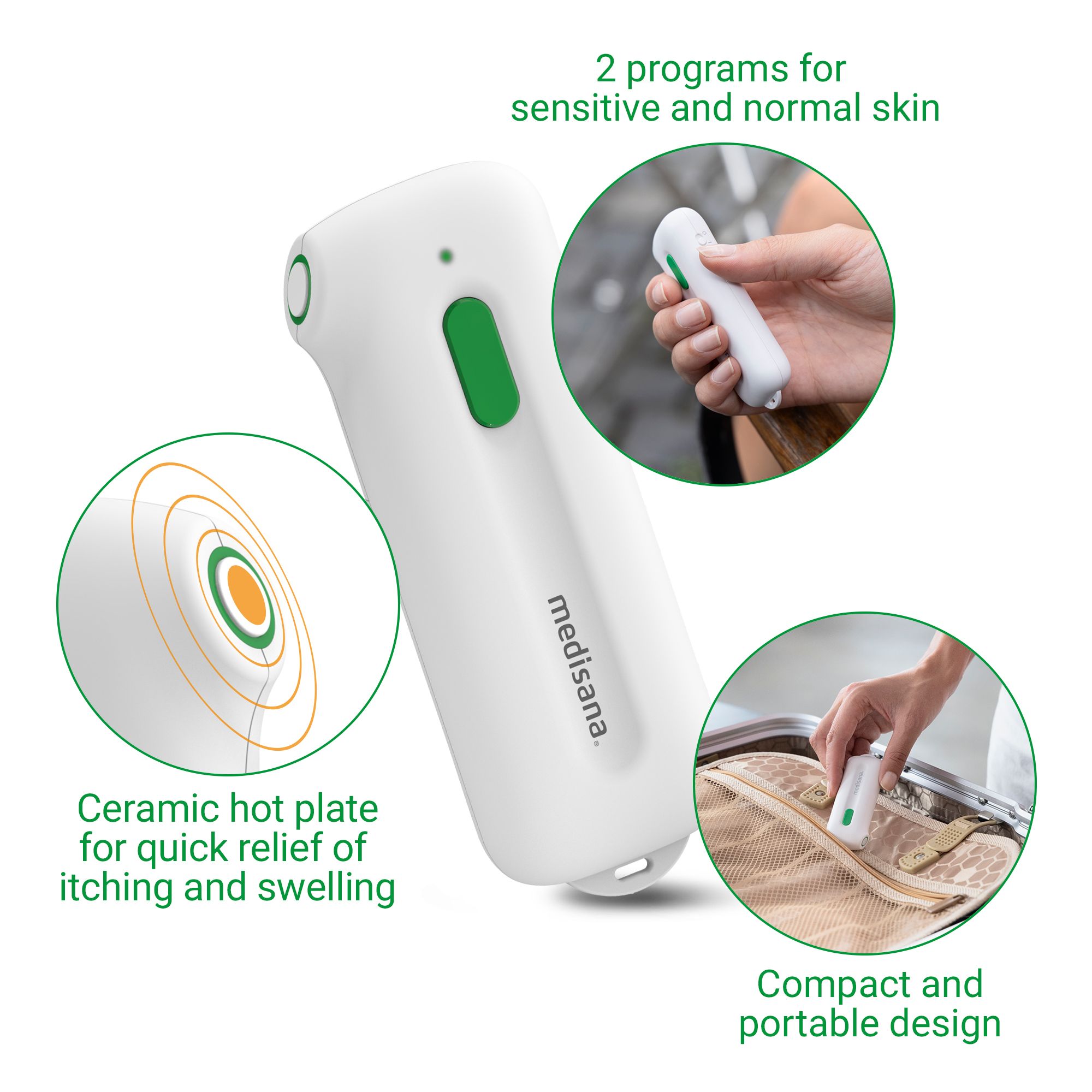 Appareil blanc pour piqûres d'insectes, bouton vert. Illustrations.