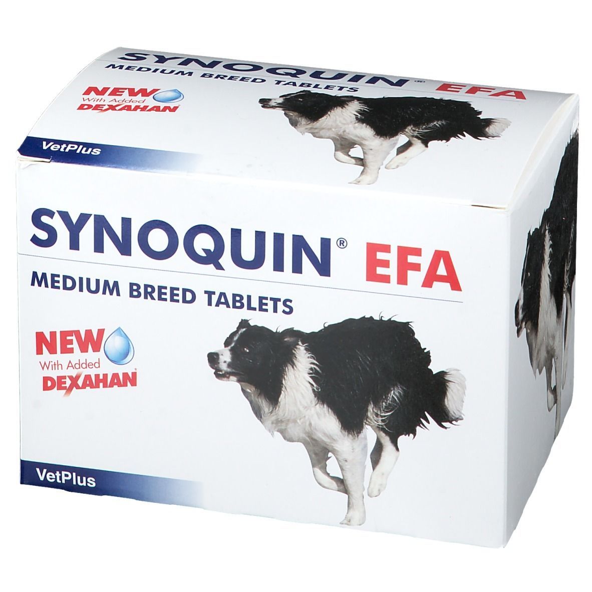 Boîte blanche avec nom du produit et images de chiens. Inscription : Synoquin EFA Medium Breed Tablets.