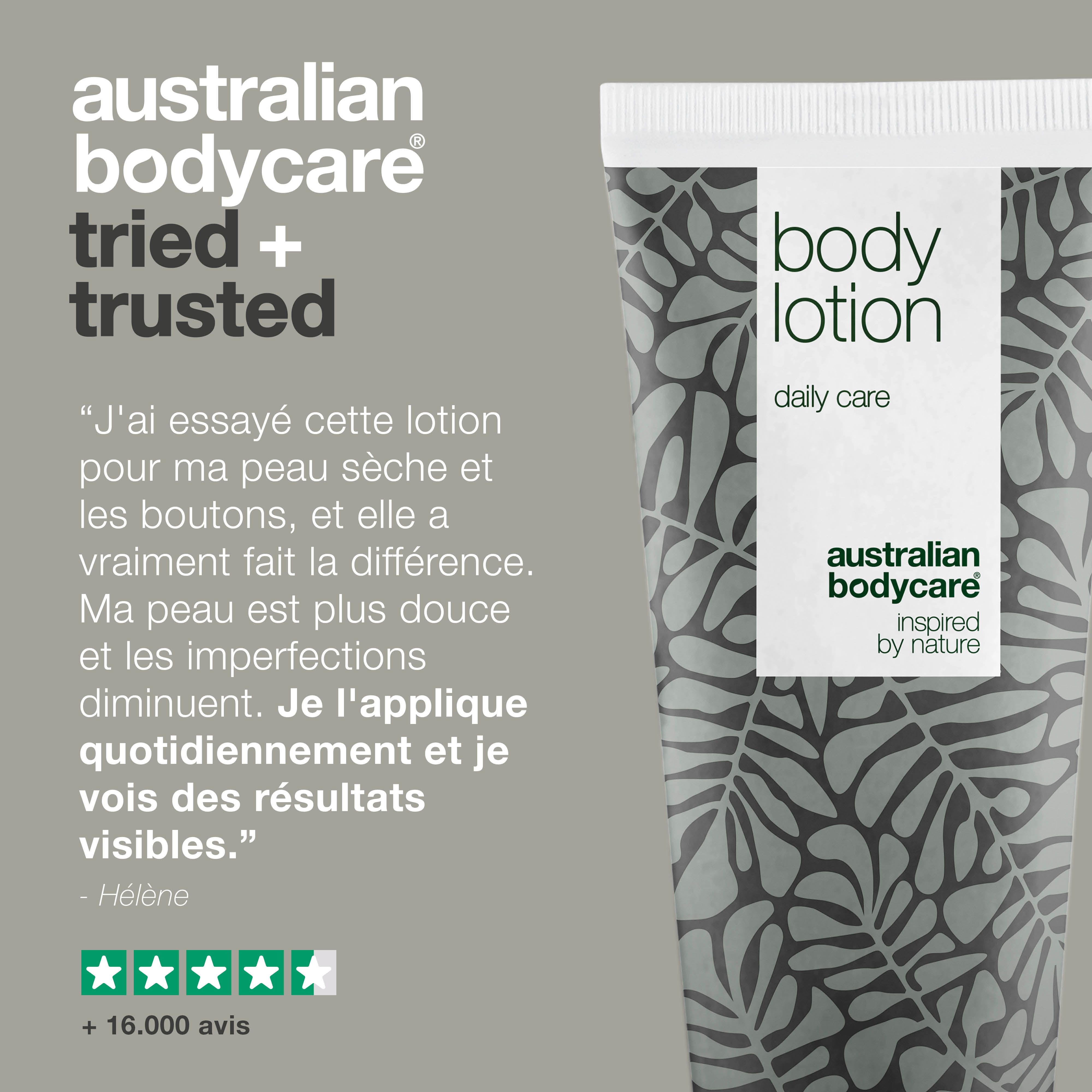 Produit en tube avec motif floral et texte: body lotion, australian bodycare. Crème à côté.