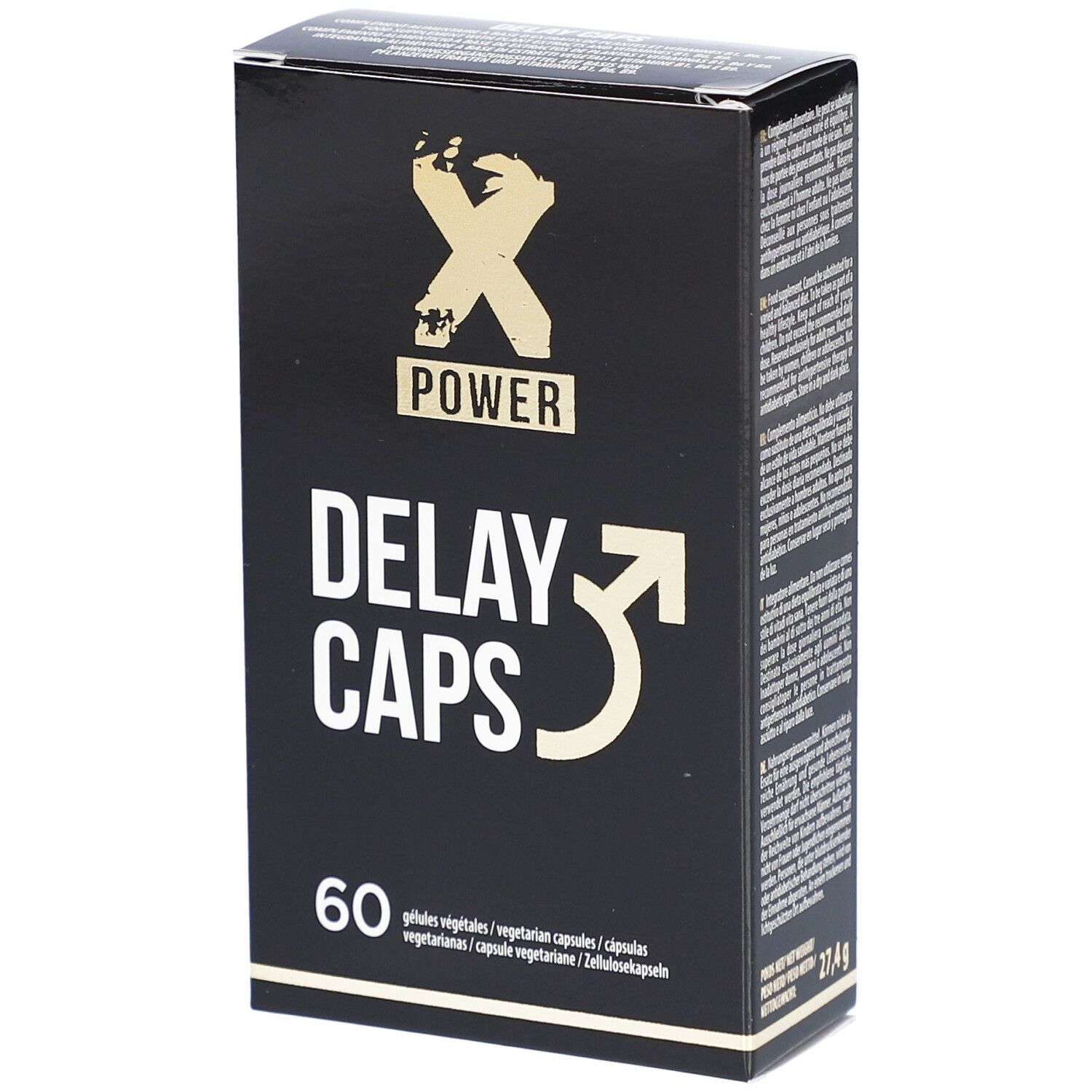 Boîte noire avec "X POWER DELAY CAPS" et 60 gélules. Inscriptions blanches et dorées. Gélules végétales.
