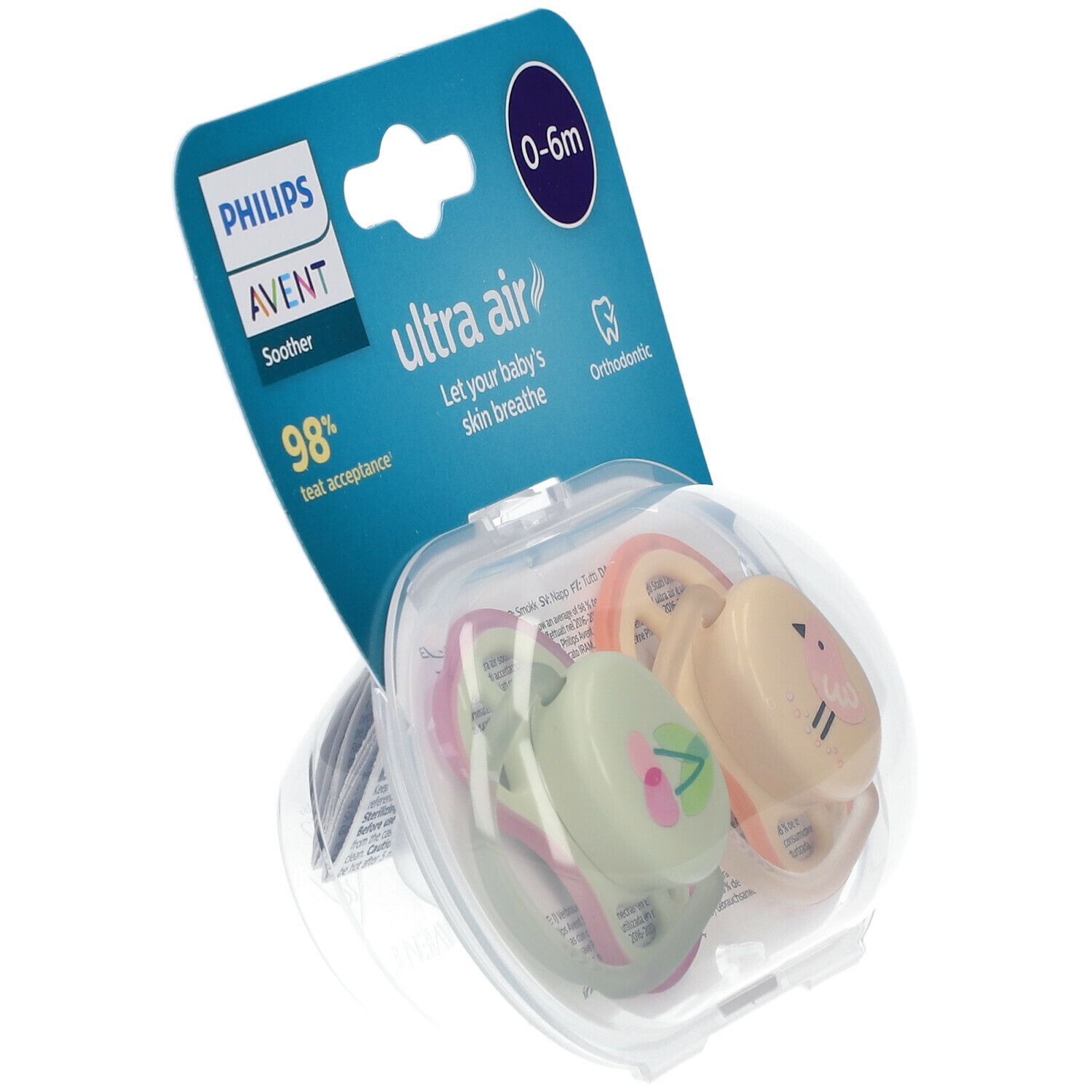 Deux sucettes dans une boîte transparente. Inscription: PHILIPS AVENT, Ultra Air, 0-6 mois. Orthodontique.