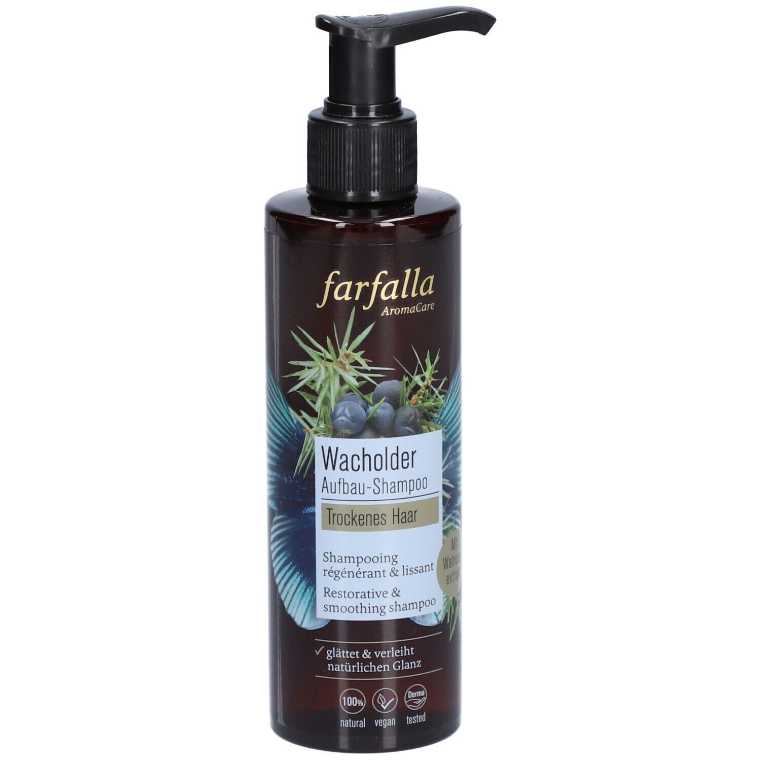 Flacon brun avec pompe noire. Inscription: Farfalla Wacholder Aufbau-Shampoo pour cheveux secs. Avec illustration de plantes.