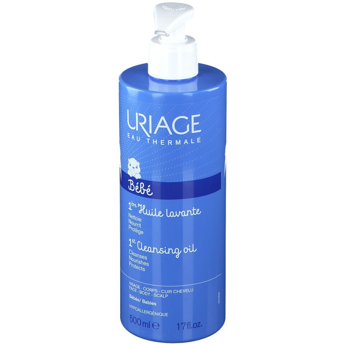 Flacon bleu avec pompe blanche. Uriage Bébé 1ère Huile lavante. Visage, corps, cuir chevelu. 500ml.