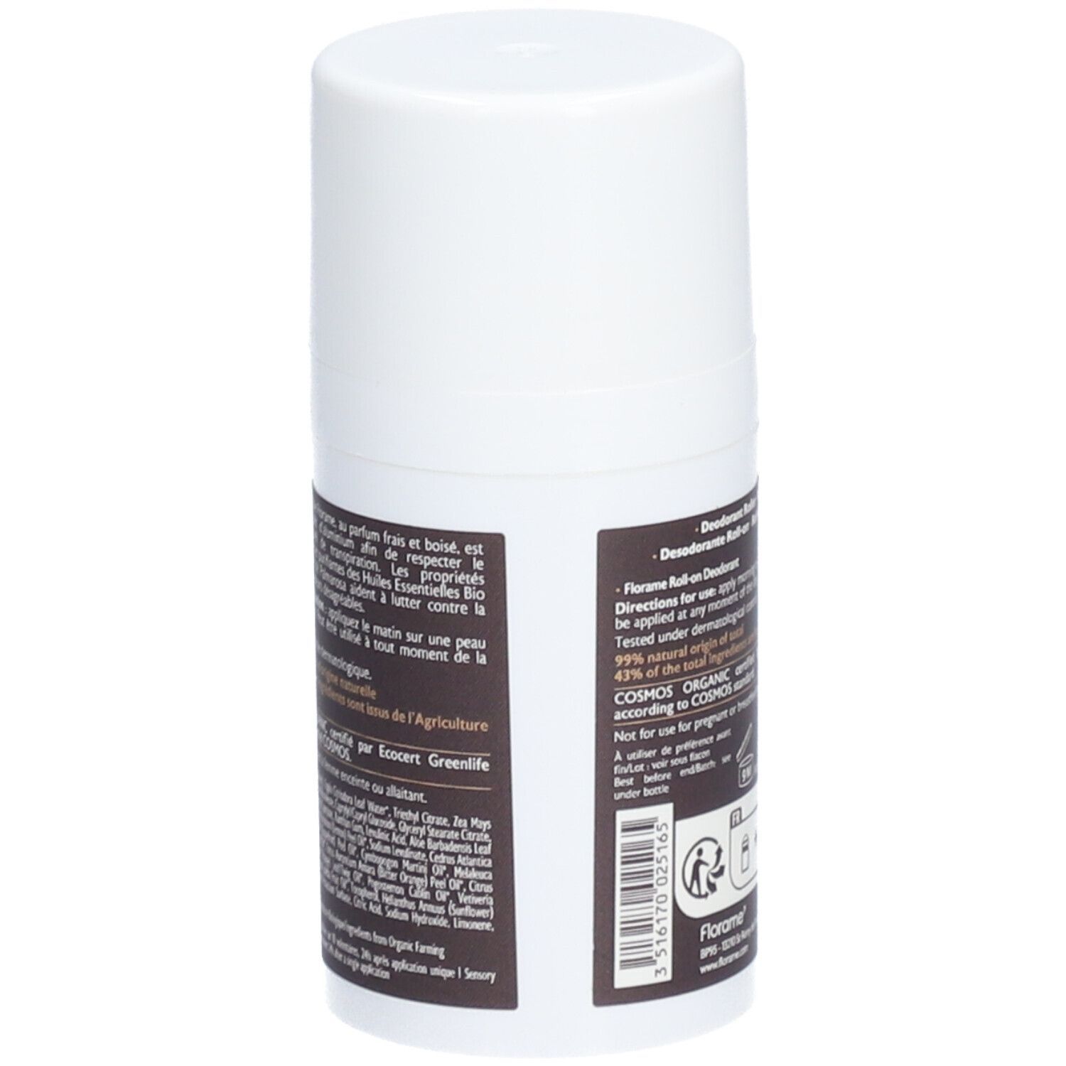 Dos du déodorant roll-on. Flacon blanc avec étiquette marron. Inscriptions : Florame, mode d'emploi, certification Bio.