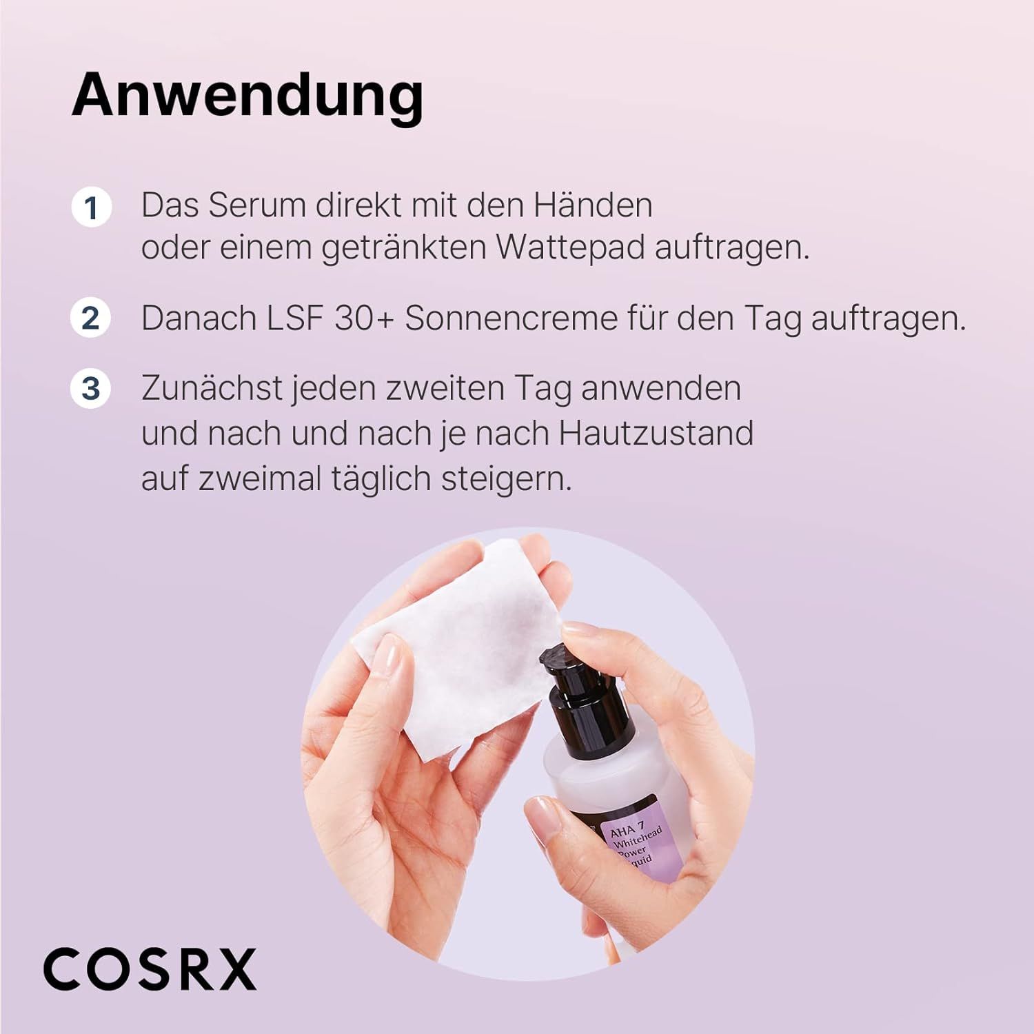 Instructions d'utilisation pour AHA 7 Whitehead Power Liquid avec coton et flacon.