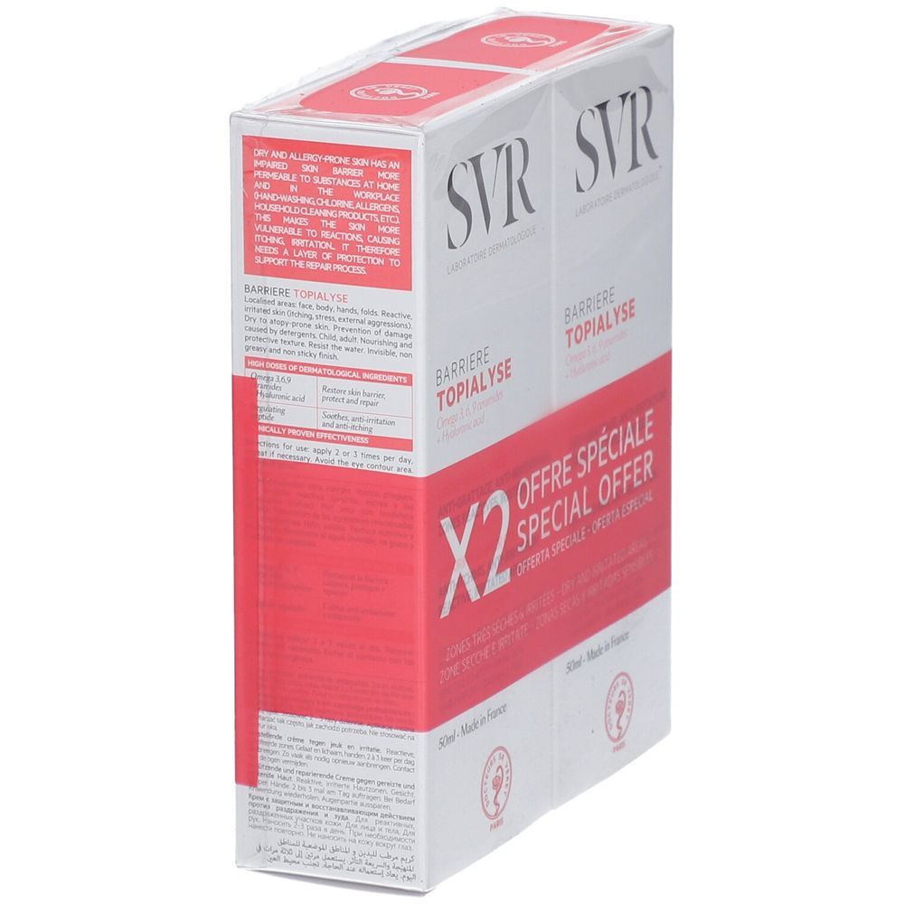 Duopack SVR Barrière Topialyse, vue oblique. Emballage blanc et rouge. Nom du produit et logo visibles. "X2" et "Offre Spéciale".