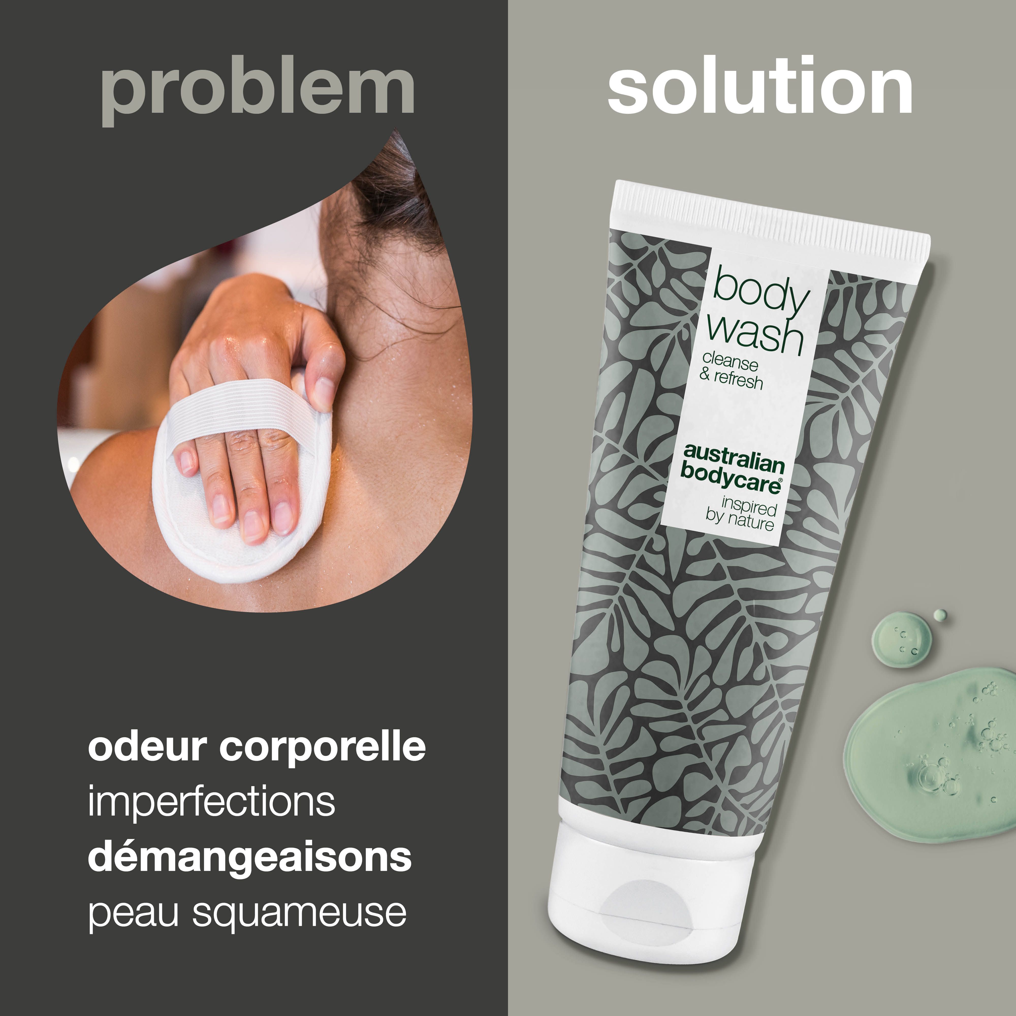 Tube avec inscription body wash, cleanse & refresh. Logo : Australian Bodycare. Texte : odeur corporelle, imperfections, démangeaisons, peau squameuse.