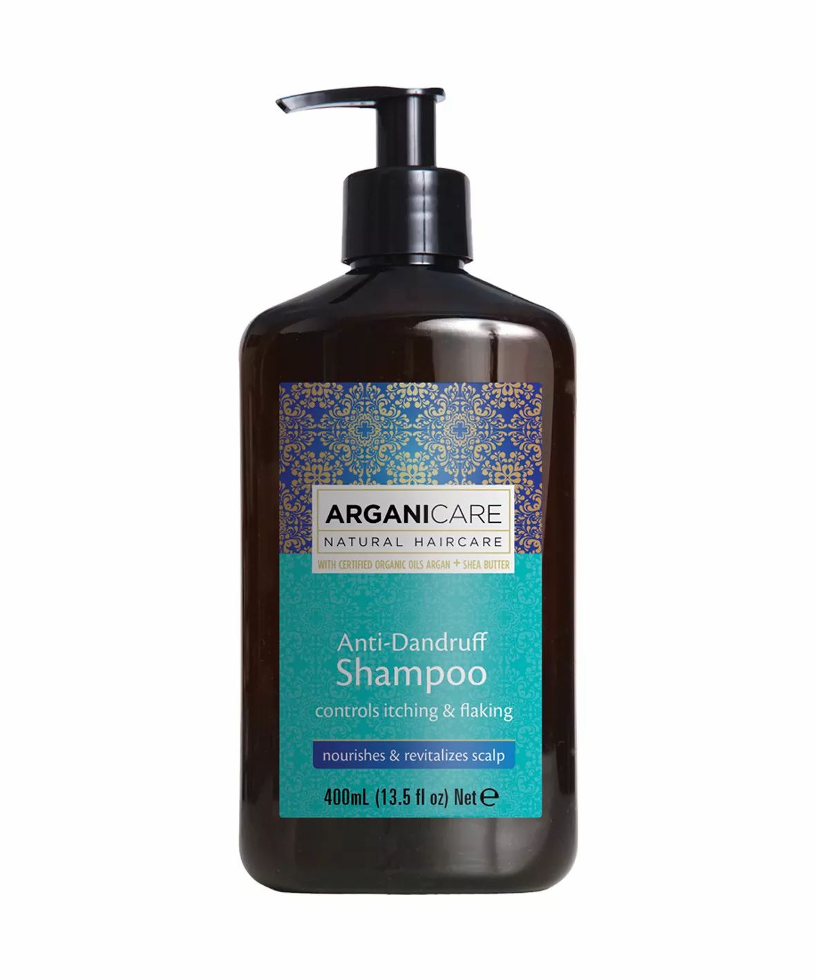 Flacon de shampooing antipelliculaire Arganicare, marron avec pompe noire. Étiquette turquoise avec texte.