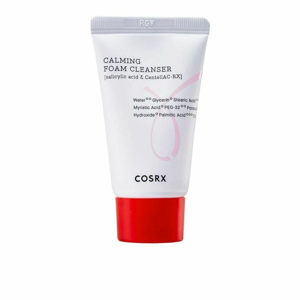 Tube blanc à bouchon rouge. Inscription: CALMING FOAM CLEANSER, ingrédients. Marque: COSRX.