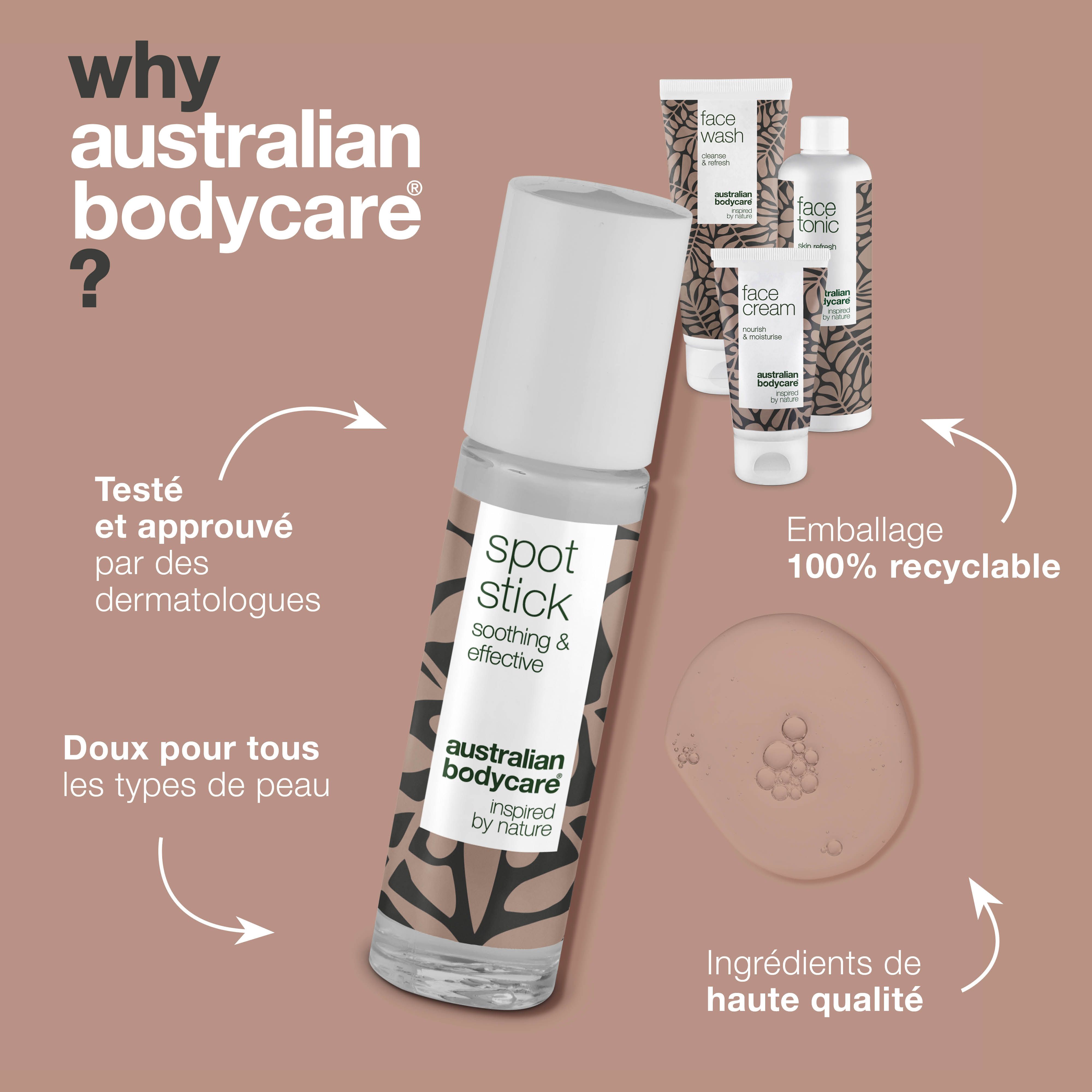 Spot Stick et coffret de soins du visage. Texte : Testé et approuvé par des dermatologues. Emballage 100% recyclable.