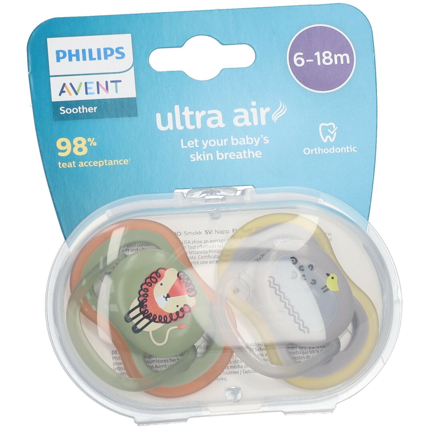 AVENT Sucette ultra air Lion - Hippopotame 6-18 Mois (Couleur non sélectionnable)​