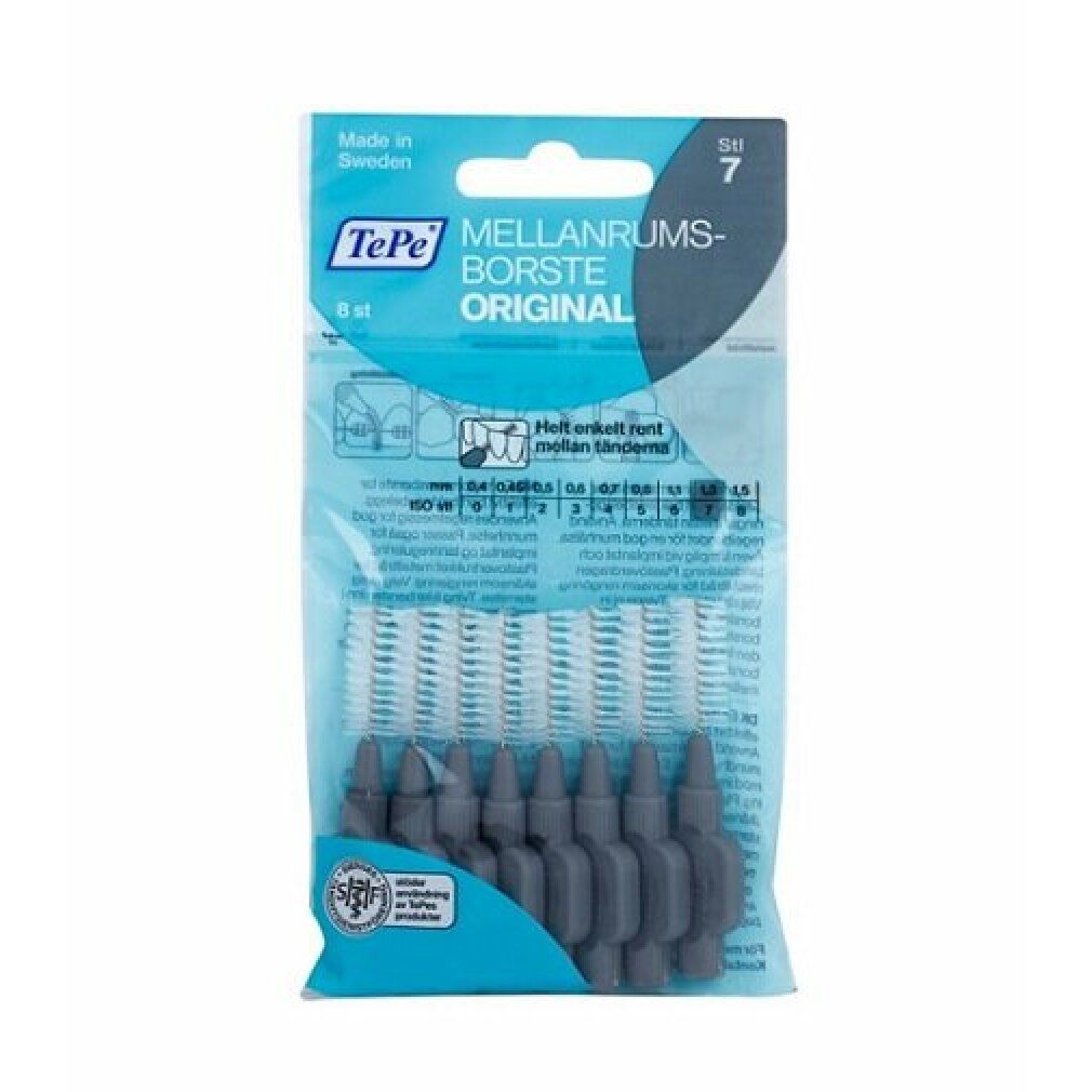 Paquet de 8 brossettes interdentaires TePe, taille 7, grises. Emballage avec informations et schémas du produit.