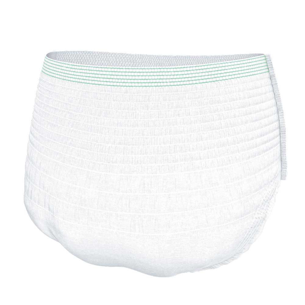 Culotte d'incontinence blanche, vue arrière. Taille élastique avec rayures vertes. Surface texturée. Pour une protection discrète.