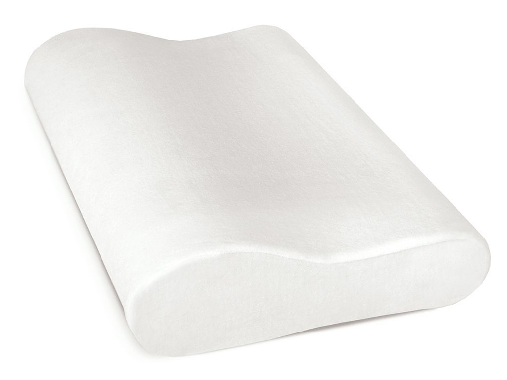 Oreiller blanc, ergonomique. Rectangulaire avec une découpe incurvée. Vue de dessus.