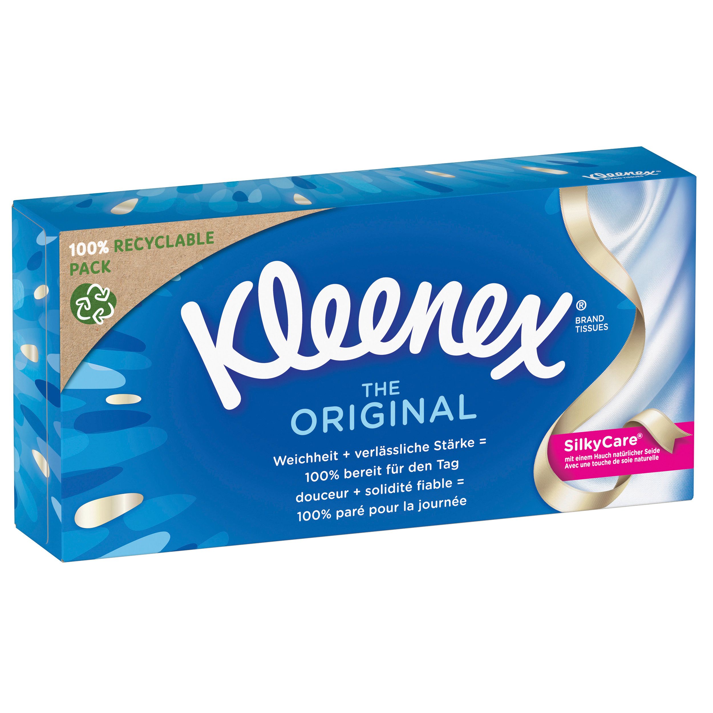 Boîte de mouchoirs Kleenex Original en biais. Boîte bleue avec logo blanc et texte. 100% recyclable. SilkyCare.