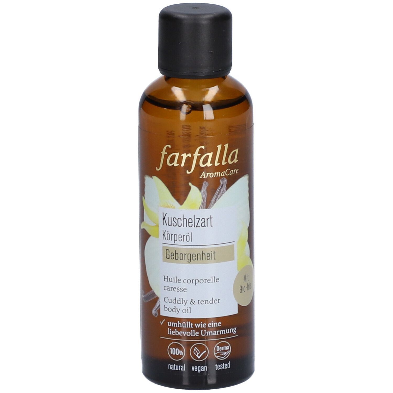 Flacon en verre brun avec bouchon noir. Inscription : farfalla AromaCare, Kuschelzart Körperöl, Huile corporelle caresse, Cuddly & tender body oil.