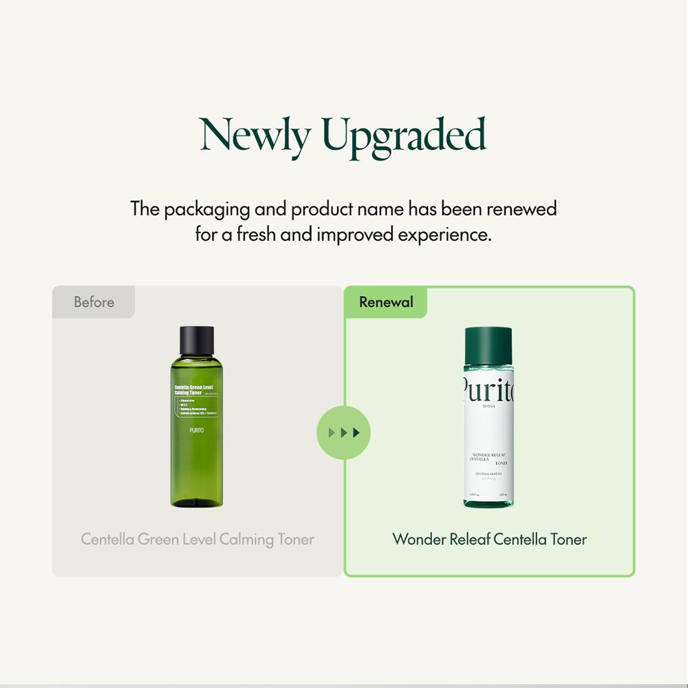 Comparaison de deux bouteilles. Gauche : Centella Green Level Calming Toner. Droite : Wonder Releaf Centella Toner.