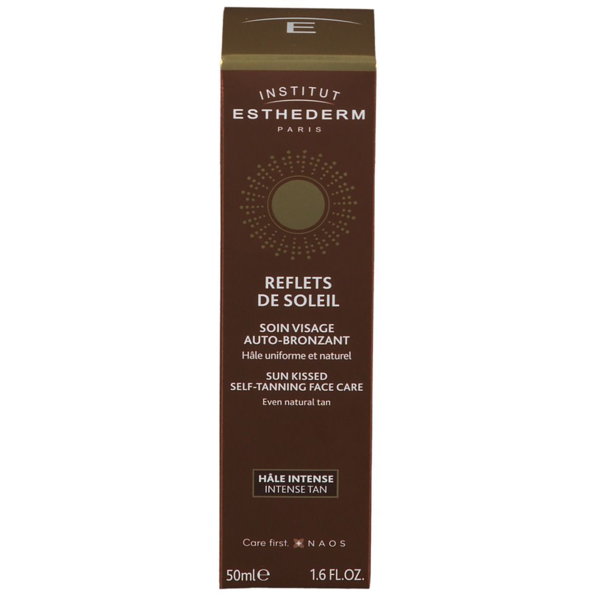 Boîte avec INSTITUT ESTHEDERM PARIS. REFLETS DE SOLEIL, SOIN VISAGE AUTO-BRONZANT. HALE INTENSE. 50ml. 1.6 FL.OZ.