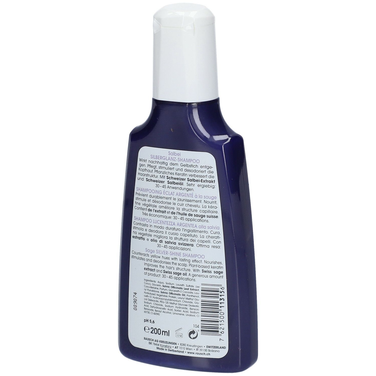 Dos du flacon de shampooing RAUSCH Salbei Silberglanz. Informations textuelles, ingrédients et informations du fabricant sur l'étiquette.