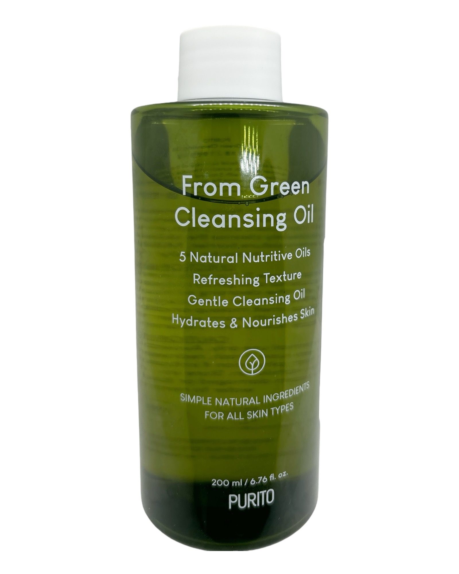 Flacon d'huile nettoyante verte avec bouchon blanc et pompe. Texte: From Green Cleansing Oil. 200 ml / 6.76 fl. oz. PURITO.