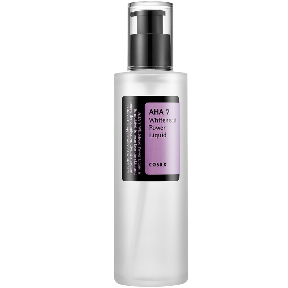 Flacon AHA 7 Whitehead Power Liquid avec pompe noire et étiquette.