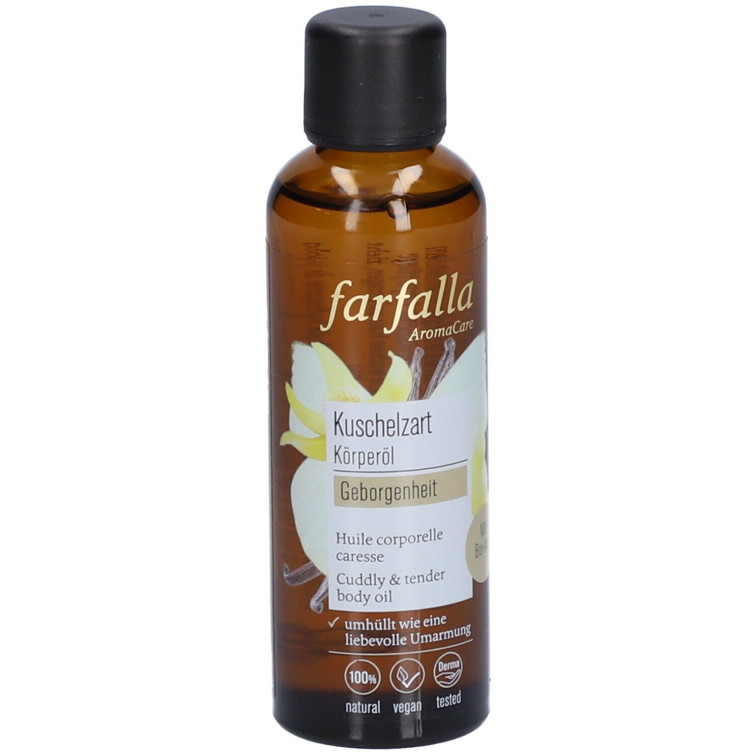 Flacon en verre brun avec bouchon noir. Inscription : farfalla AromaCare, Kuschelzart Körperöl, Huile corporelle caresse, Cuddly & tender body oil.