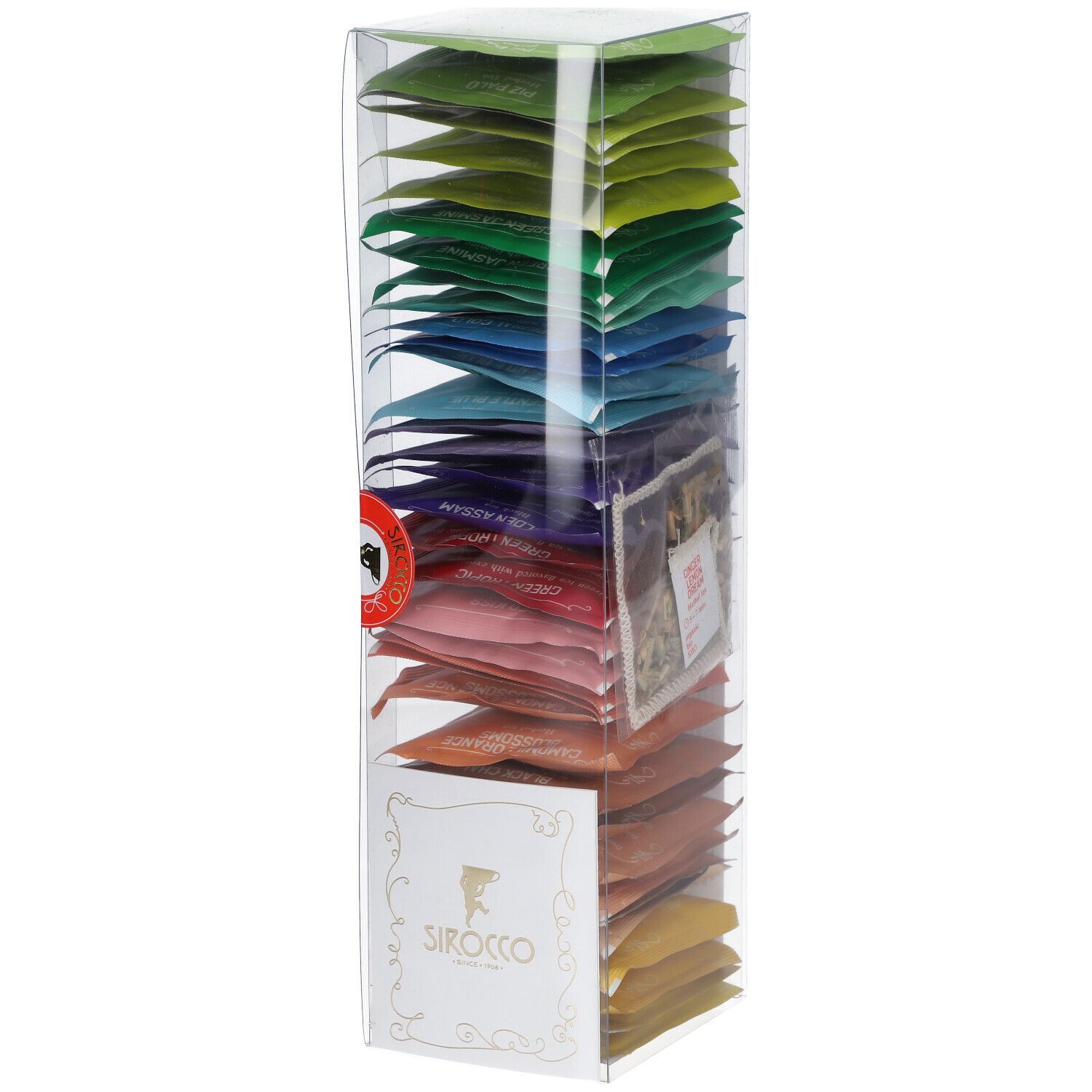 Boîte haute et transparente avec sachets de thé colorés. Logo sur le devant. Sceau rouge. Sachets de thé de différentes couleurs.