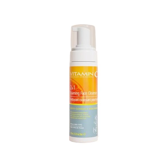 Flacon de nettoyant visage moussant 2 en 1. Étiquette orange avec texte. Bouchon transparent. Inscription : Vitamine C.