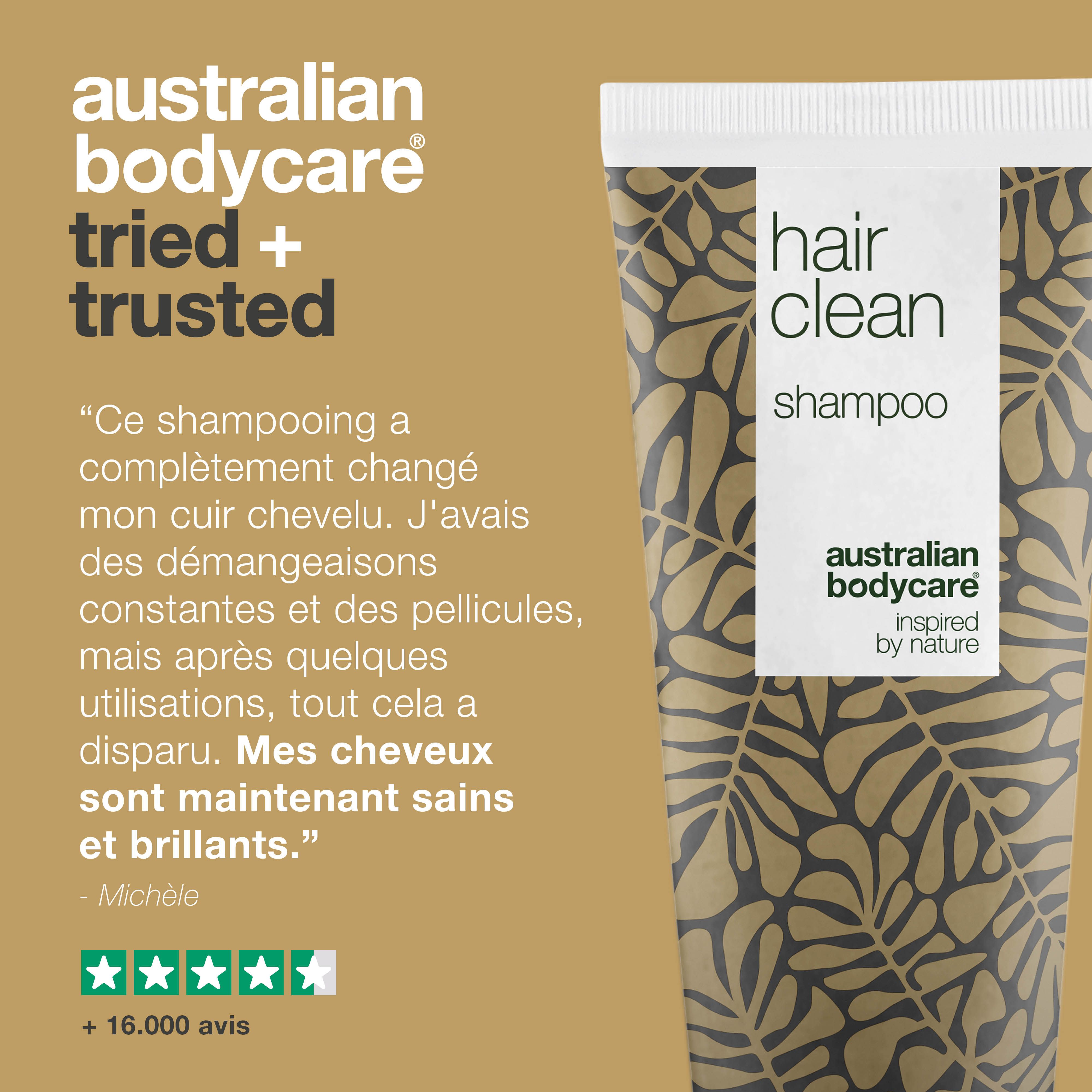 Tube de shampooing. Texte : "hair clean shampoo". Motif feuilles dorées. Citation et évaluation 5 étoiles.
