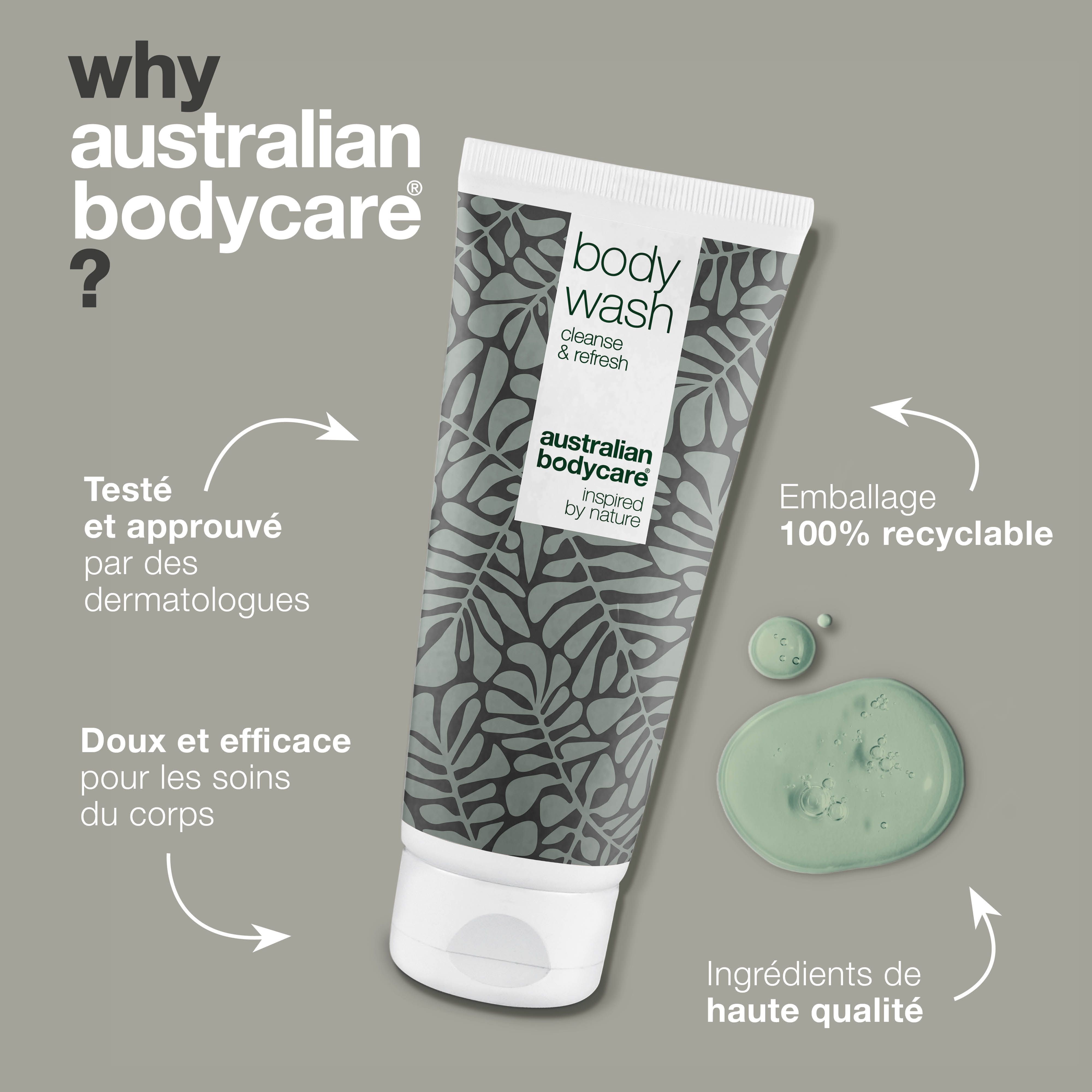 Tube avec inscription body wash, cleanse & refresh. Logo : Australian Bodycare. Texte : Testé et approuvé par des dermatologues.