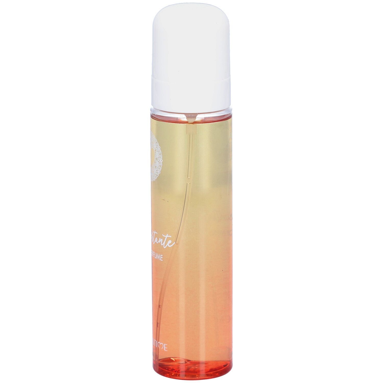 Parfum corporel dans un vaporisateur cylindrique avec bouchon blanc. Dégradé de jaune à orange.