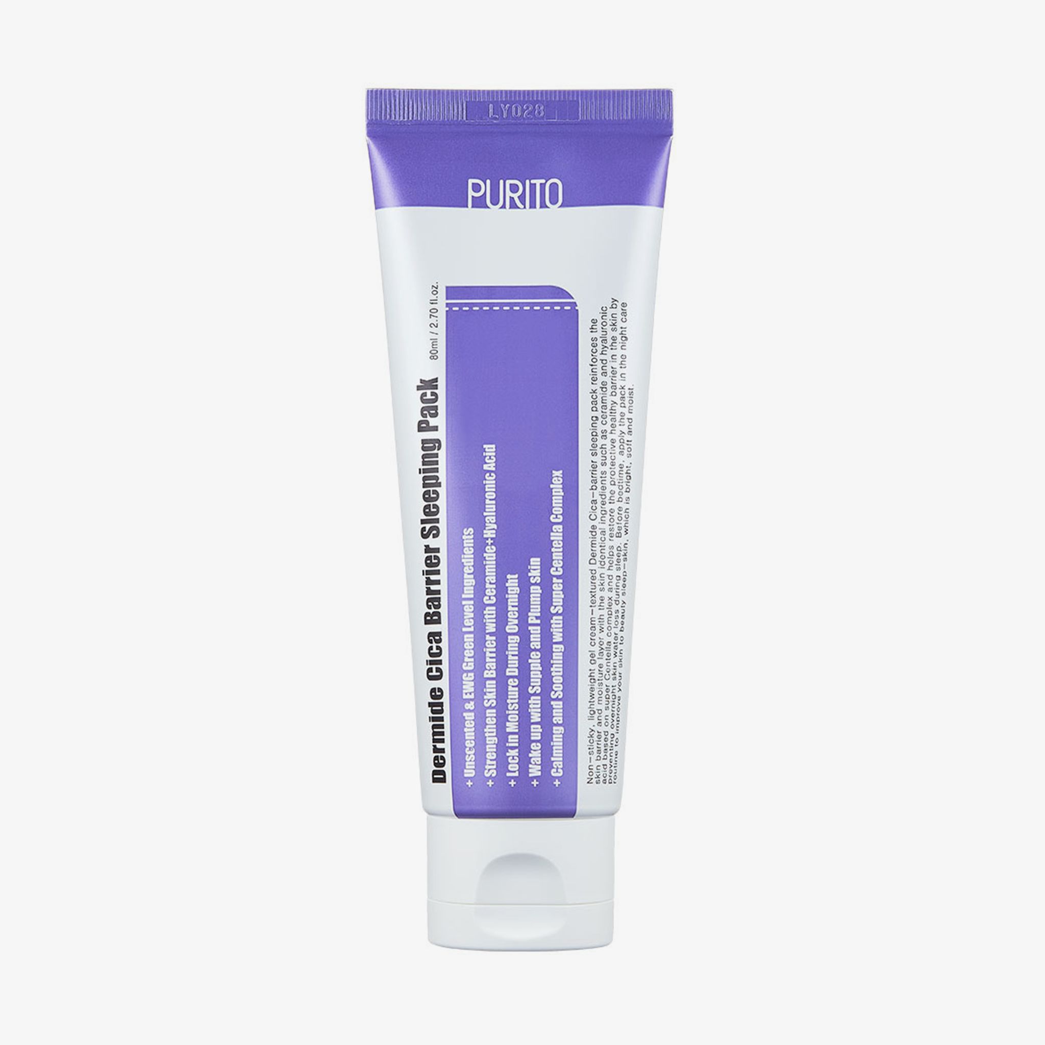 Tube violet avec bouchon blanc. Texte: PURITO, Dermide Cica Barrier Sleeping Pack. Ingrédients et avantages listés.