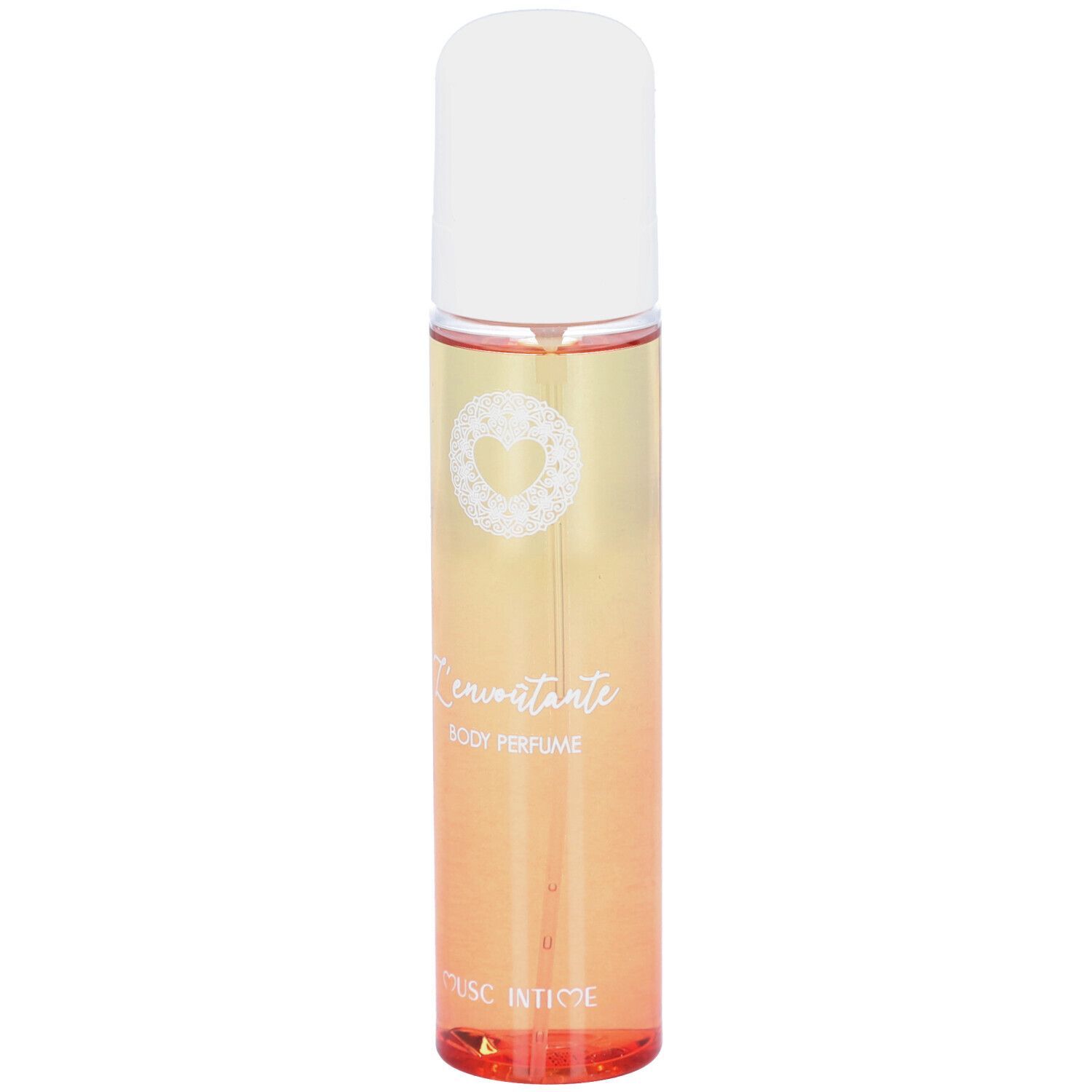 Parfum corporel dans un vaporisateur cylindrique avec bouchon blanc. Dégradé de jaune à orange.