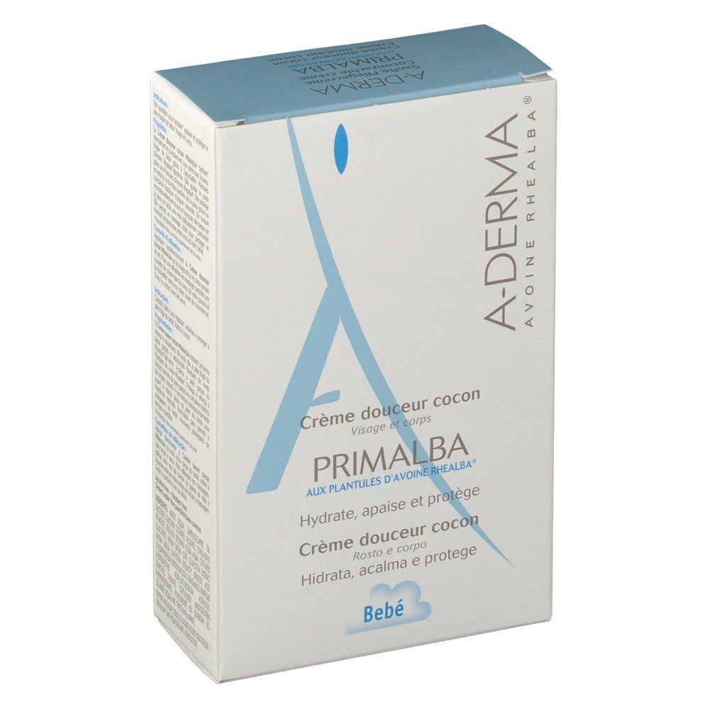 Boîte en carton. Logo A-DERMA et PRIMALBA. Texte : Crème douceur cocon, Hydrate, apaise et protège. Bébé.