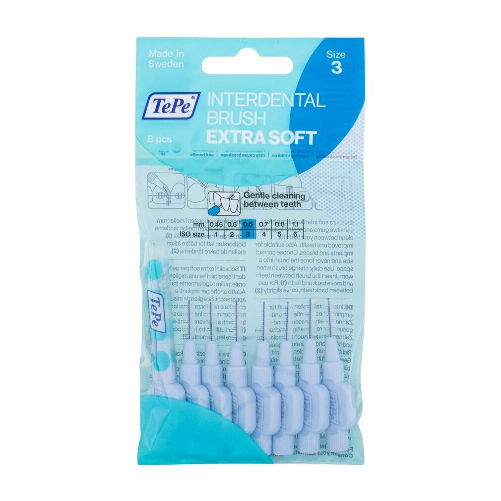 Paquet de brosses interdentaires TePe bleues. Extra Soft, 5 pièces. Inscription: Gentle cleaning between teeth.